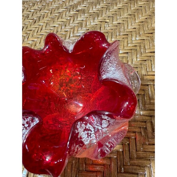 Vintage Murano Art Glass Bowl Folded Edge Silver Fleck Red MCM Dish 60s - Picture 5 of 9